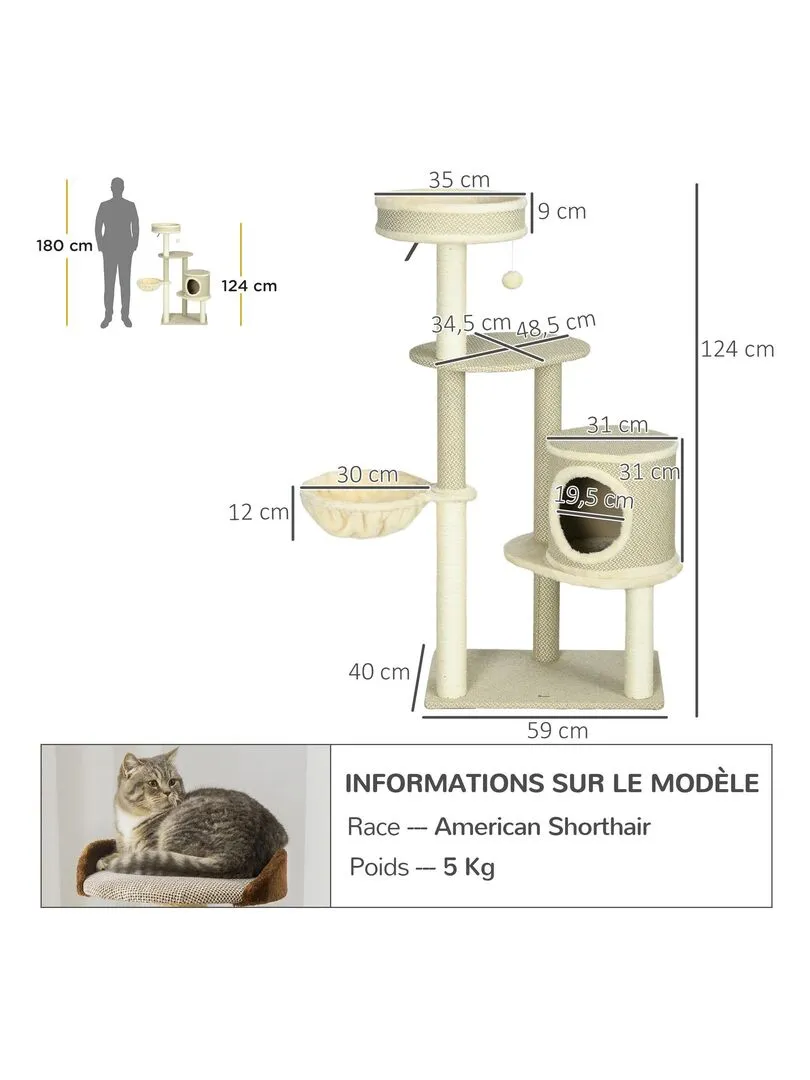 Arbre à chat style cosy chic sisal naturel peluche courte aspect lin tressé beige - Beige