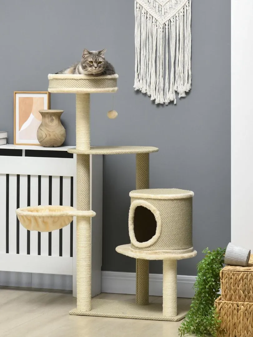 Arbre à chat style cosy chic sisal naturel peluche courte aspect lin tressé beige - Beige