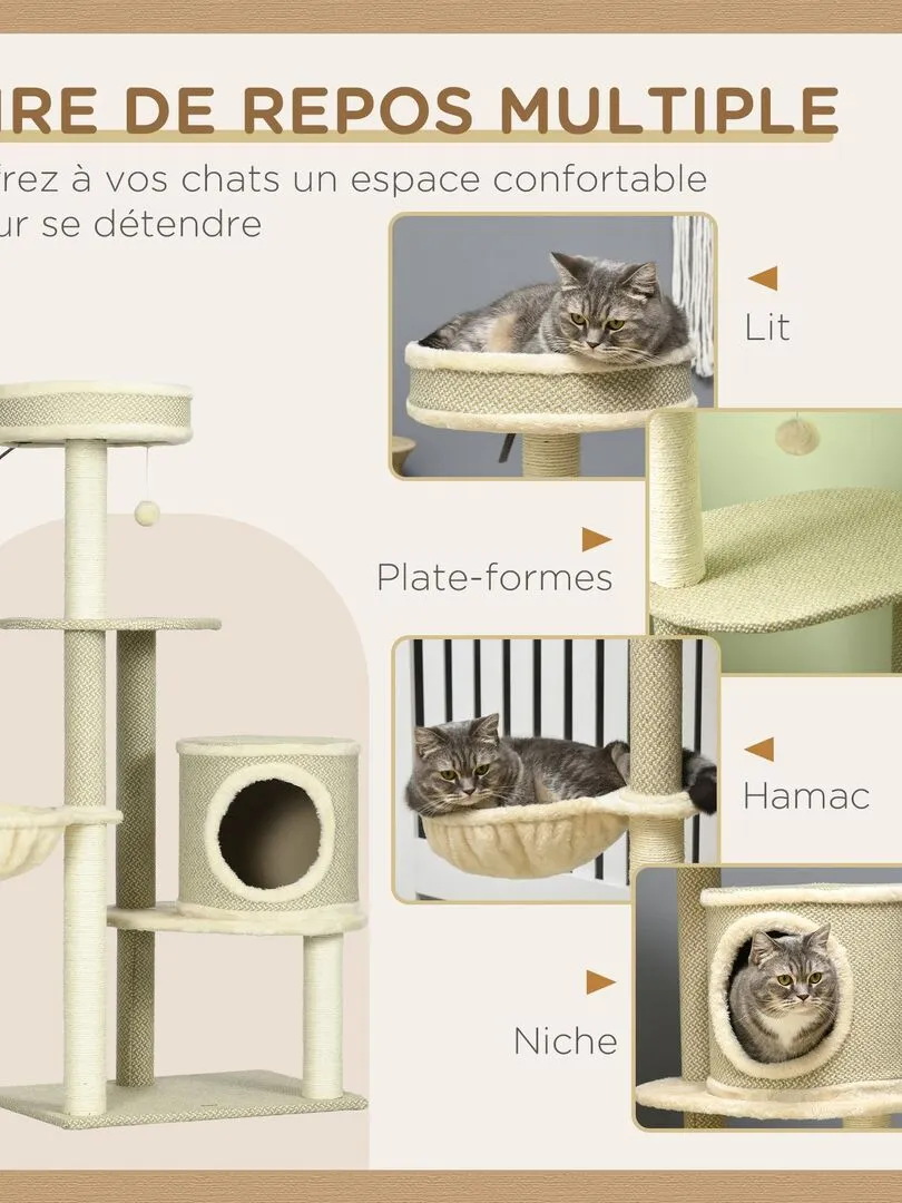 Arbre à chat style cosy chic sisal naturel peluche courte aspect lin tressé beige - Beige