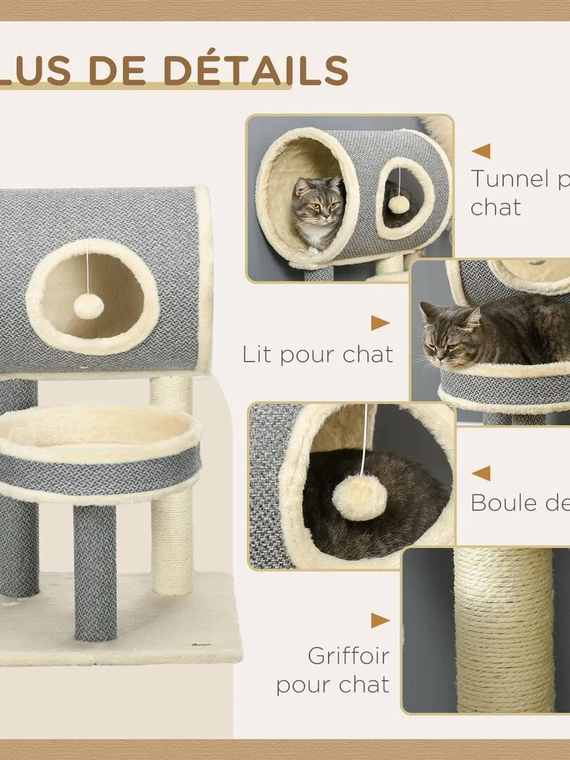 Arbre à chat style cosy chic sisal naturel peluche courte aspect lin tressé gris - Gris