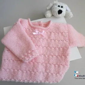 Brassière 1 mois,  droite rose layette bb, laine calinou bergère de france,  tricot bebe, sur commande