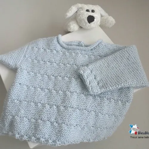 Brassière 3 mois,  droite bleu azur layette bb, laine calinou bergère de france,  tricot bebe, sur commande