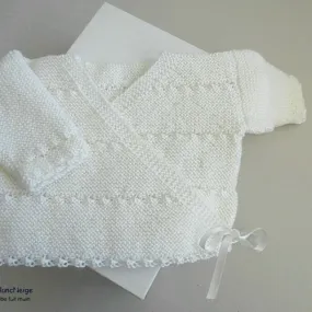 Brassière naissance, croisée mixte, blanc-lait, laine calinou bergère de france,  tricot bebe, sur commande