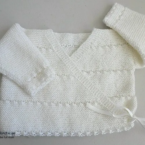 Brassière naissance, croisée mixte, blanc-lait, laine calinou bergère de france,  tricot bebe, sur commande