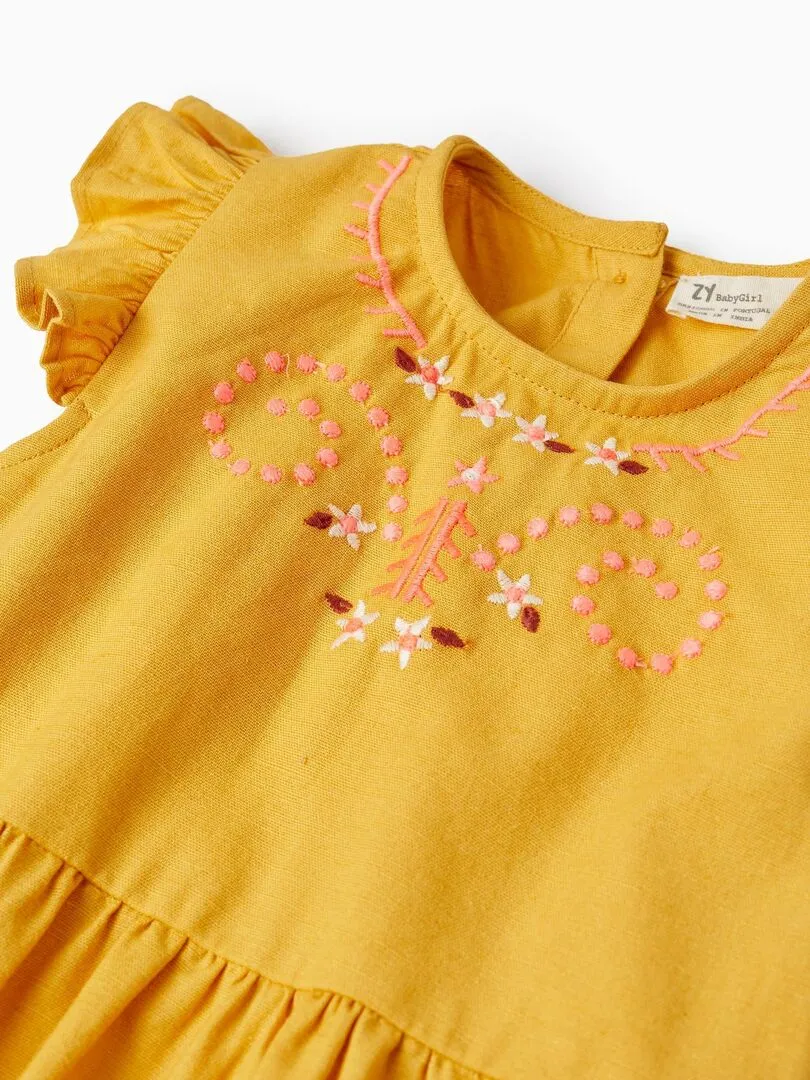 Combinaison En Coton Et Lin Avec Broderies Pour Bébé Fille - Jaune