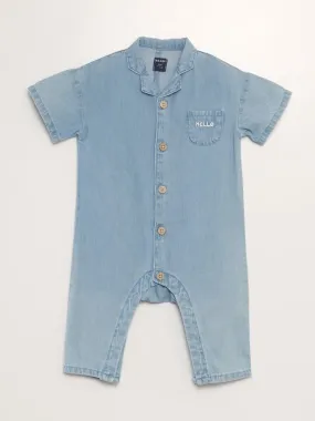 Combinaison longue en denim avec poche brodée - Denim