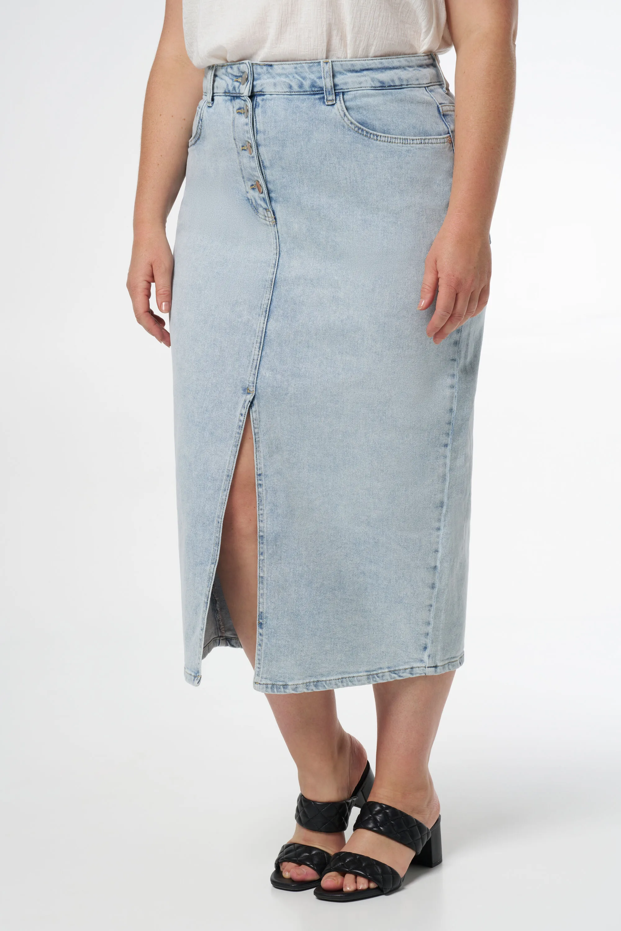 Femmes Jupe midi en denim avec fente  Bleached Denim | MS Mode