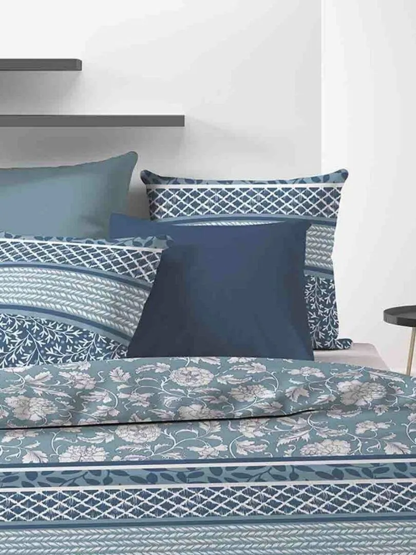 Housse de couette 220x240 cm + 2 taies d'oreiller 65x65 cm 100% Coton Bio 57 fils Debby - Bleu