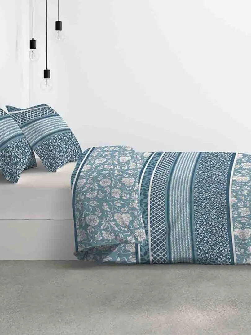 Housse de couette 220x240 cm + 2 taies d'oreiller 65x65 cm 100% Coton Bio 57 fils Debby - Bleu