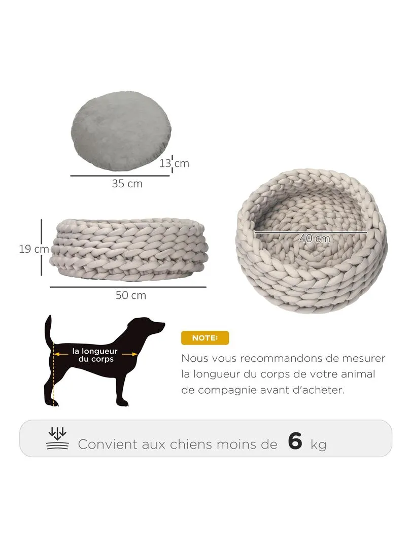 Panier pour chien chat Ø50 x 19H cm effet tressé tricot polyester gris - Gris