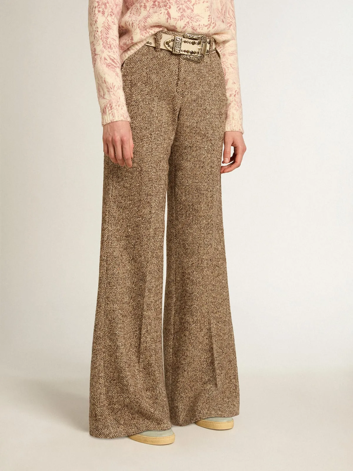 Pantalon femme en mélange de laine et de soie beige et marron | Golden Goose