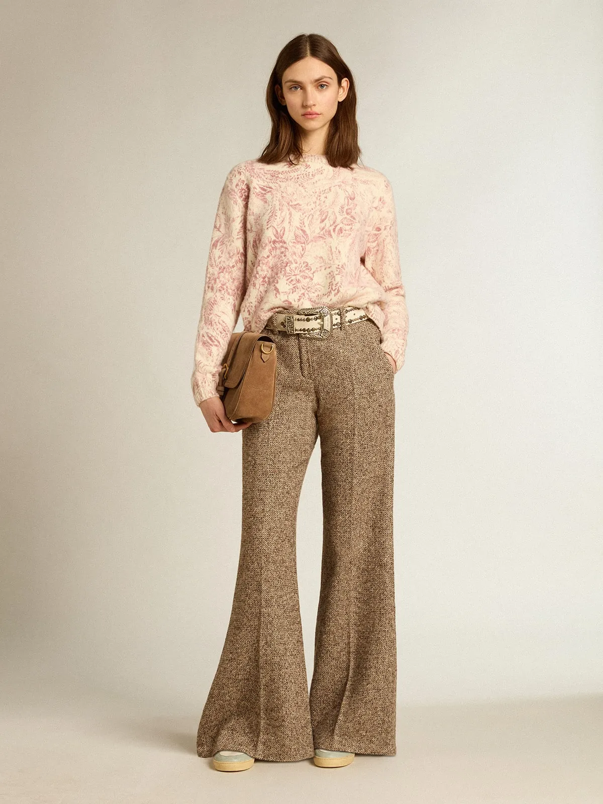 Pantalon femme en mélange de laine et de soie beige et marron | Golden Goose