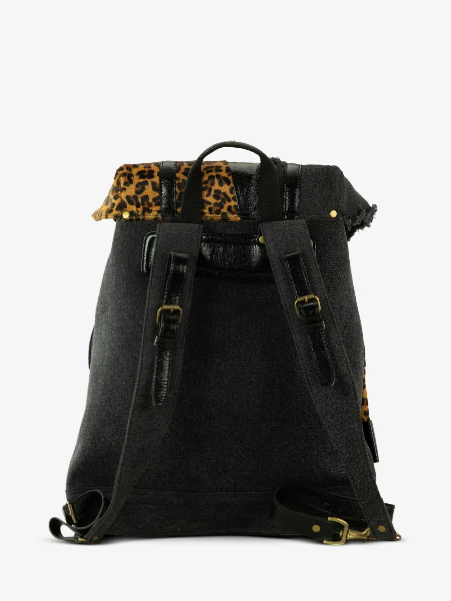 SAC À DOS CUIR NOIR ET LÉOPARD MonLégionnaire Chimère - Denim / Noir