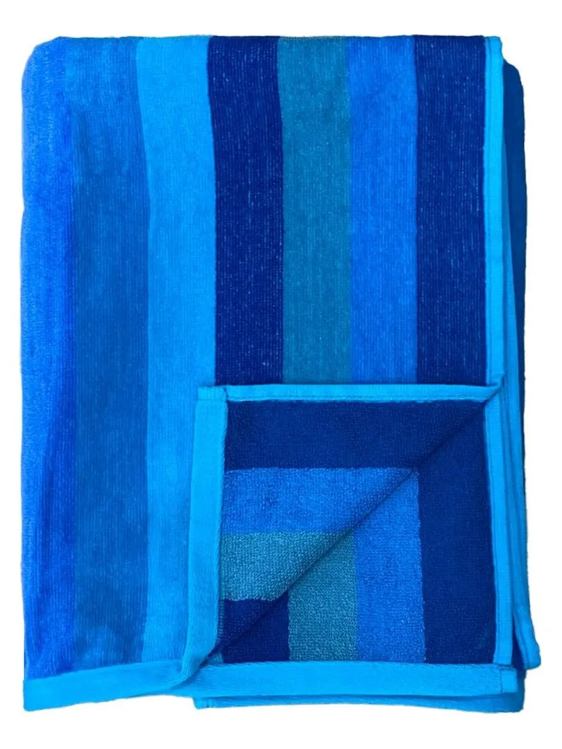 Serviette de plage éponge velours Jacquard Blue stripes 75x150cm - Bleu