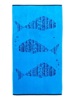 Serviette de plage éponge velours Jacquard Fisky 75x150 - Bleu azur