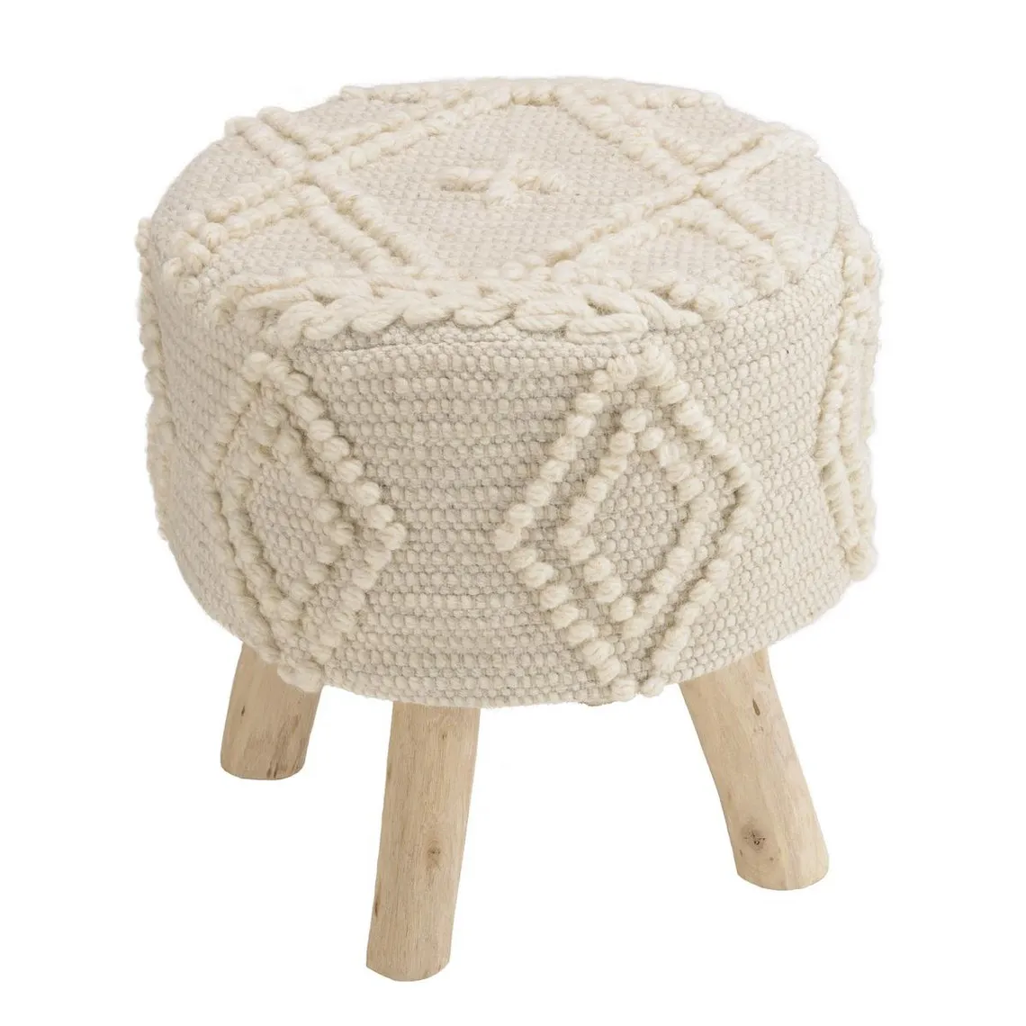 Tabouret rond 40x40cm laine motifs losanges ivoire pieds bois SACHA | 3 Suisses