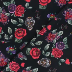 Tissu polyester Skulls and Roses - noir